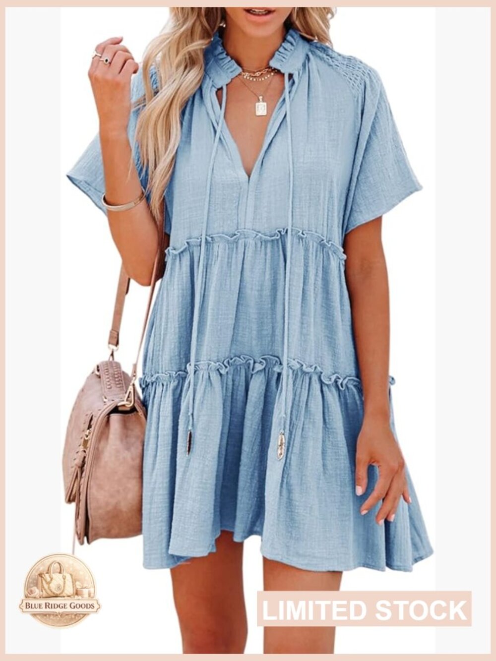 Drawstring V Neck Babydoll Dress Ruffle Tiered Short Sleeve Swing Sundress